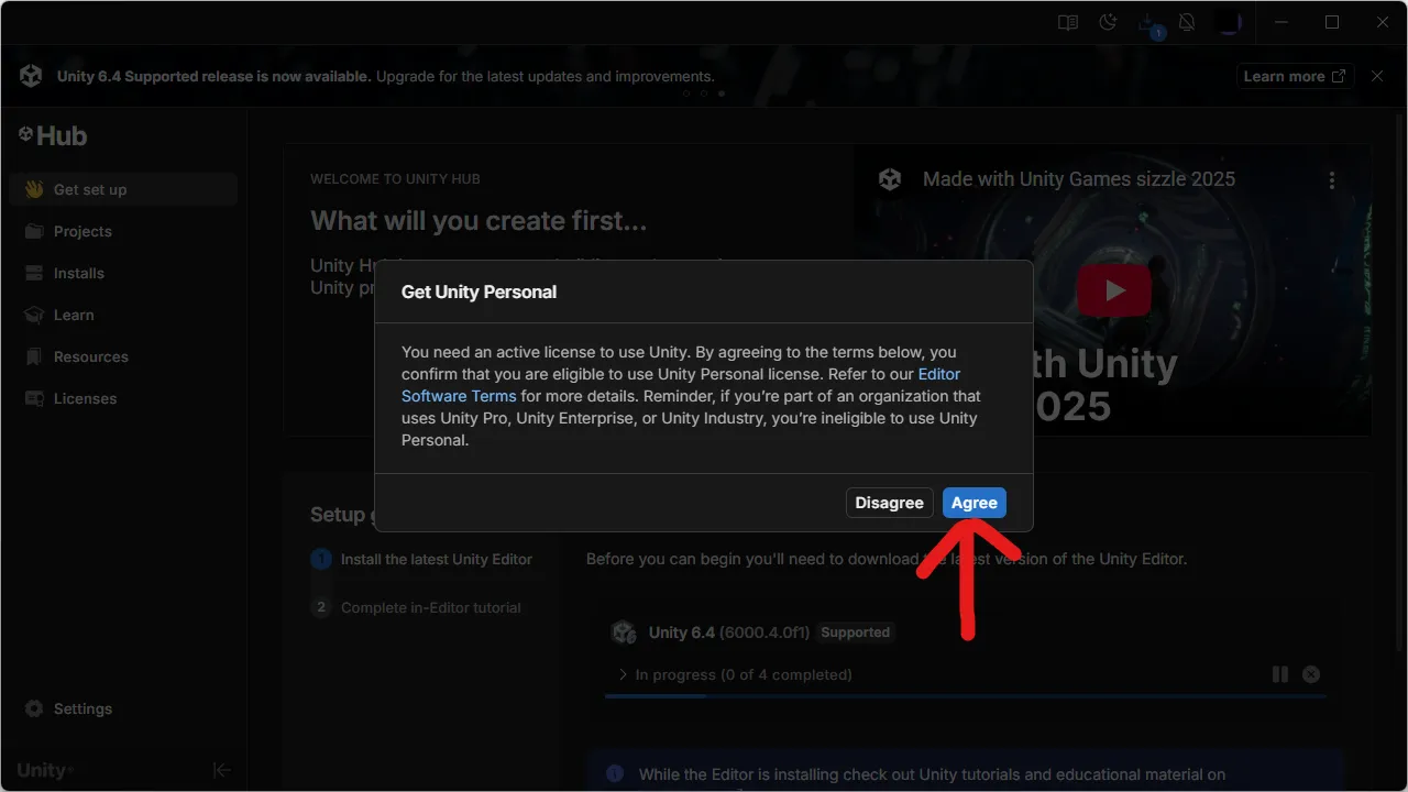 UnityHubのGetUnityPersonal画面