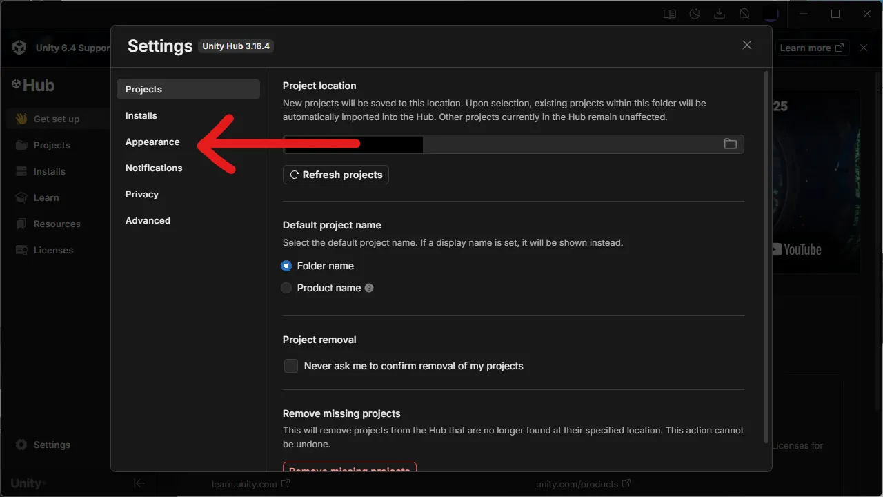 SettingsのAppearanceを選択