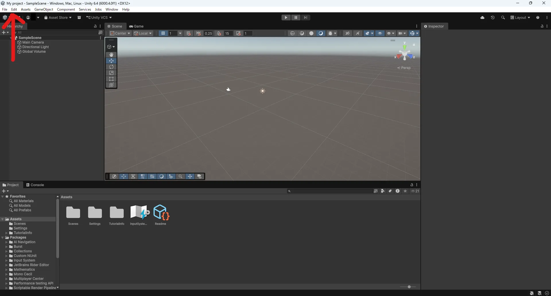 UnityエディターのEditメニューを開く