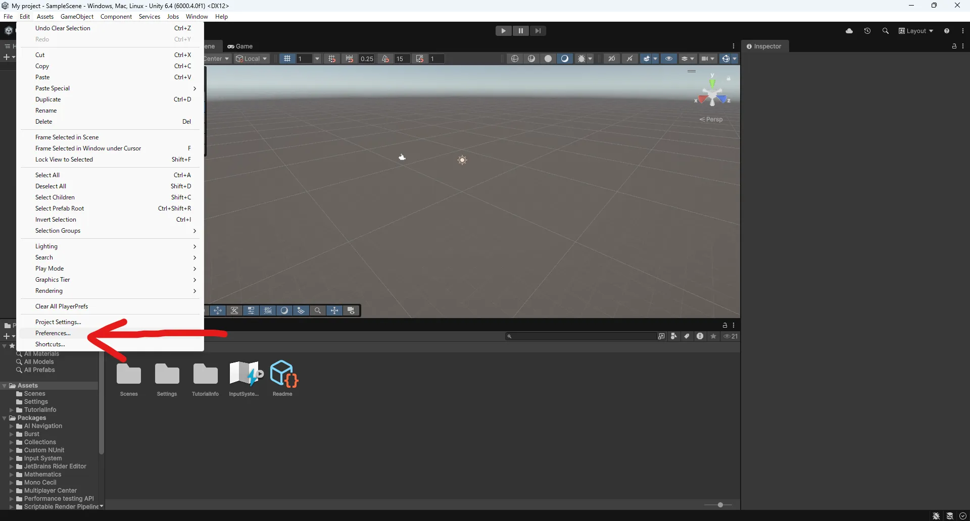UnityエディターのPreferencesを開く